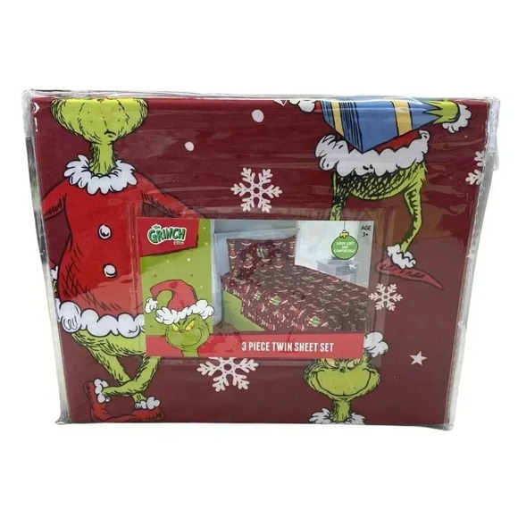 Dr. Seuss The Grinch Cindy Christmas 3-pc Twin Sheet Set Snowflakes Presents